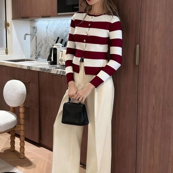 Burgundy Women's Casual French Style Fitted Cardigan - Picture 3 of 5